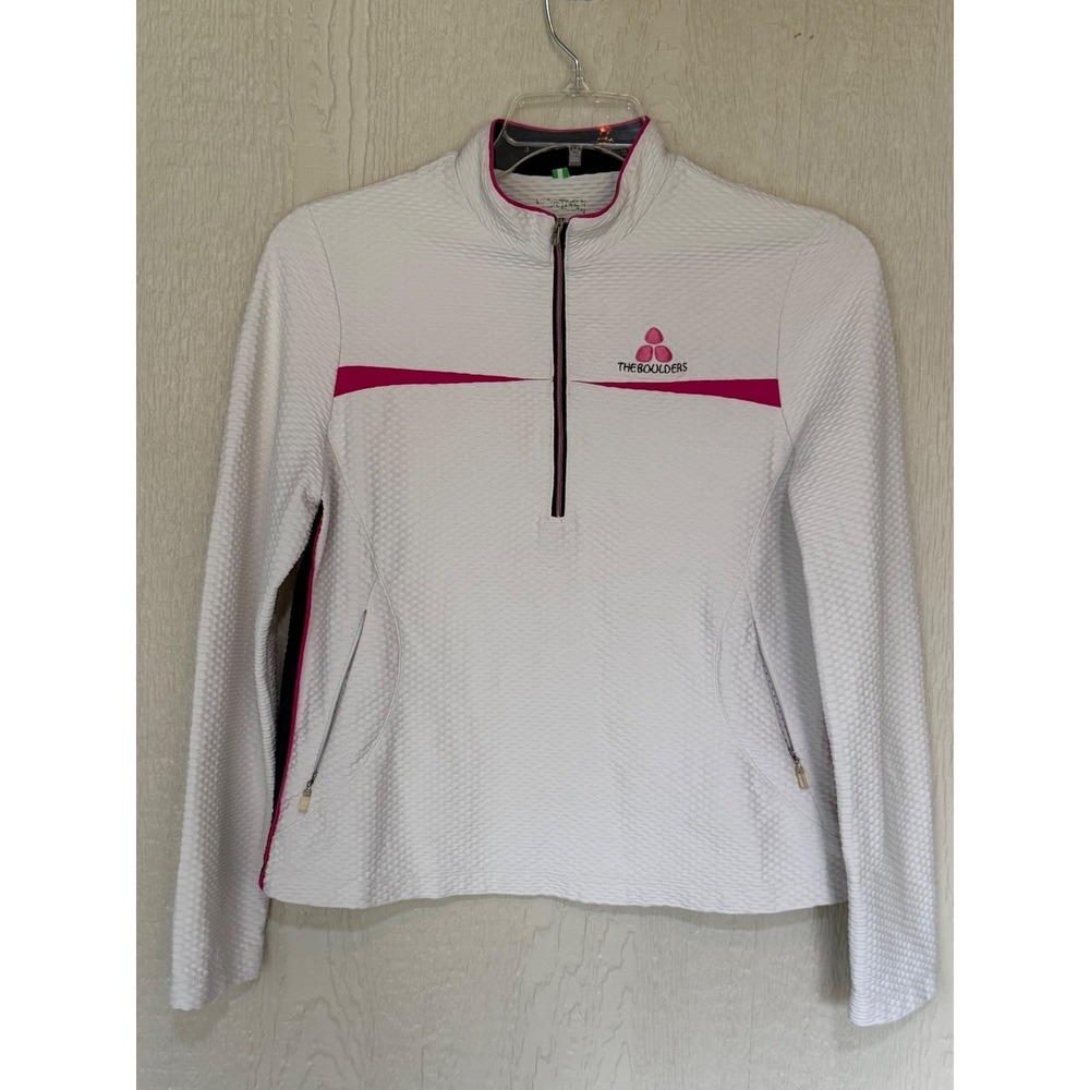 The Boulders Womens Textured Quarter Zip Pullover White Pink Athletic Top L